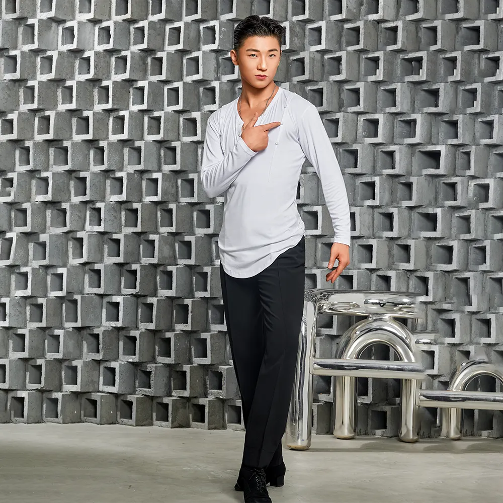 NY682 Men’s Button‑Detail Long‑Sleeve Latin Dance Top